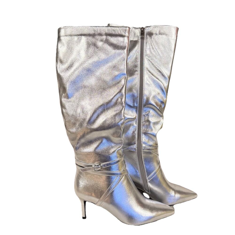 Metallic Silver Stiletto High Heel Knee‎ High Boots Womens Sz 7M NWOT Club Glam